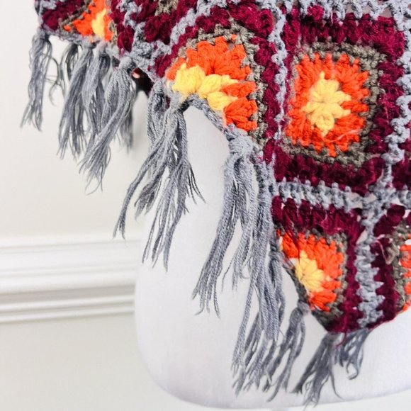 Granny Square Blue, Red, Orange Crocheted Fringe Boho Hippie Fringed Shawl - Picture 3 of 6
